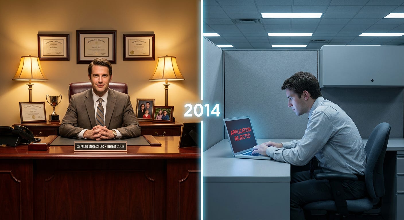 A dramatic split-screen corporate office scene On the left side warm golden lighting illuminates a confident man in his 40s at a polished mahogany desk with a nameplate reading SENIOR DIRECTOR - HIRED 2008 surrounded by awards and family pho_image_1