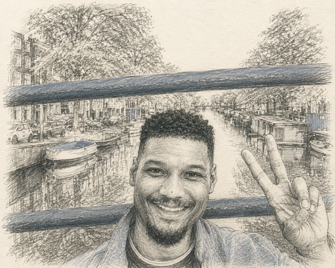 Pencil-style sketch of a smiling man sitting against the railing of a bridge over Amsterdam’s Prinsengracht canal, rendered mostly in grayscale with dusky blue accents on the railing, water, and parts of the cityscape. Canal boats, trees, and historic buildings line the waterway behind him as he raises a peace sign toward the camera.