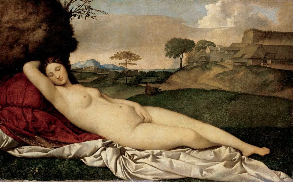 The Sleeping Venus, a nude woman reclining on white drapery in a landscape, begun by Giorgione and completed by Titian The Sleeping Venus, a nude woman reclining on white drapery in a landscape, begun by Giorgione and completed by Titian