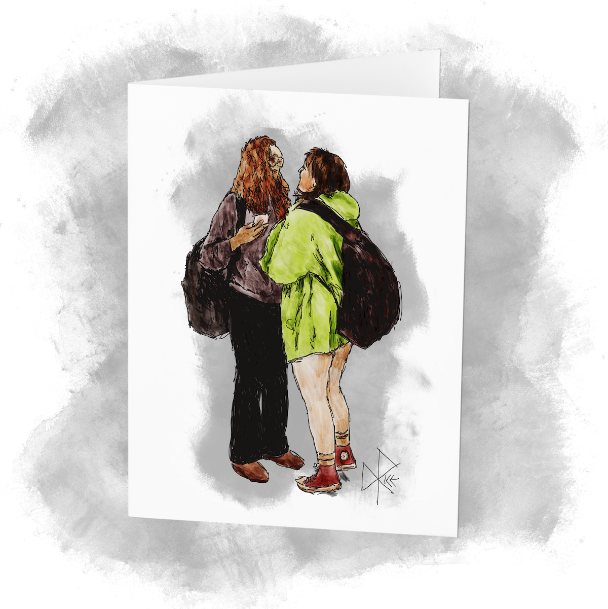 Two standing young women having a happy conversation while only inches from each other’s faces. The shorter one needs to get on her toes to get there. Sketch art by Don Rice.