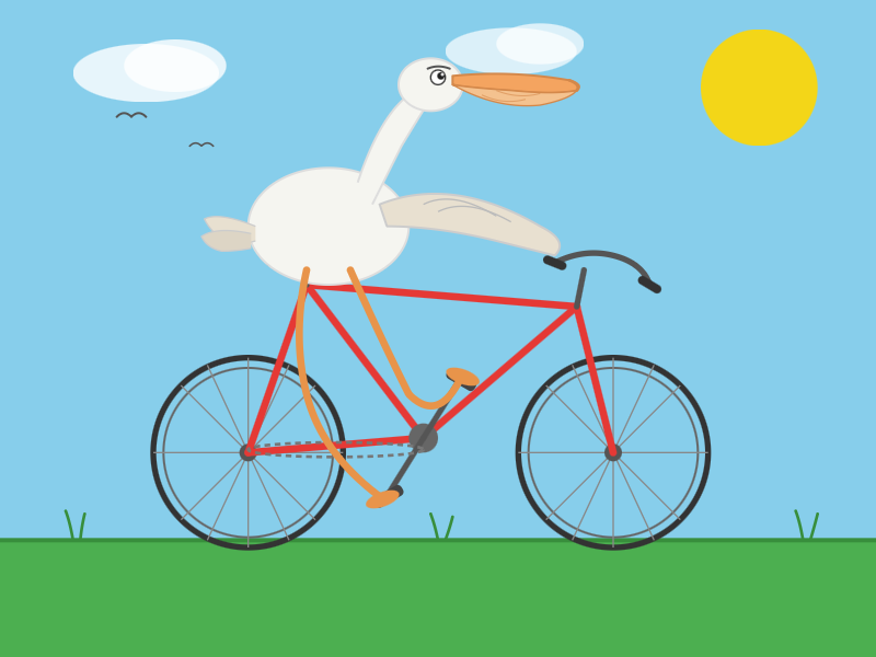 Bicycle has spokes, a chain and a correctly shaped frame. Handlebars are a bit detached. Pelican has wing on the handlebars, weirdly bent legs that touch the pedals and a good bill. Background details are pleasant - semi-transparent clouds, birds, grass, sun. Bicycle has spokes, a chain and a correctly shaped frame. Handlebars are a bit detached. Pelican has wing on the handlebars, weirdly bent legs that touch the pedals and a good bill. Background details are pleasant - semi-transparent clouds, birds, grass, sun.