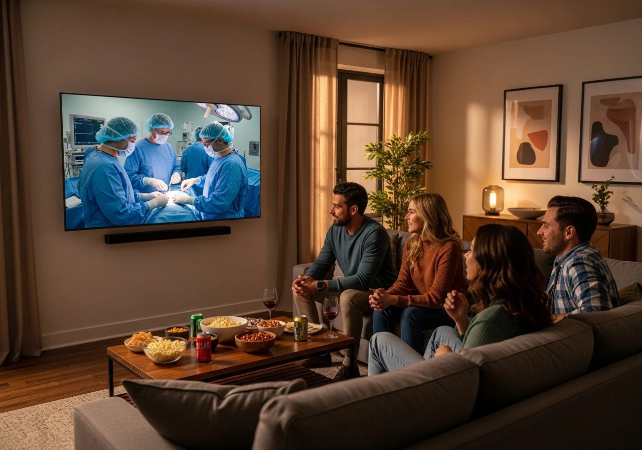 People eating and drinking in living room watching a medical procedure on a big screen tv