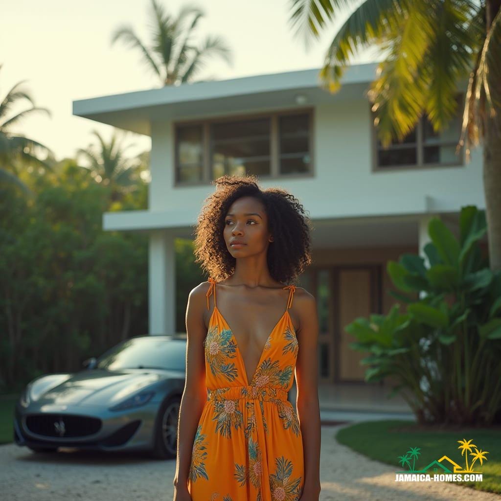 A stunning woman, dressed in a vibrant sundress, stands confidently in front of a modern Caribbean home in Kingston, Jamaica, with a sleek car parked beside her, as if pausing for a moment to take in the tropical surroundings. Soft, warm light dances across her face, casting a gentle glow, while the home's clean lines and minimalistic architecture blend seamlessly into the lush island landscape. Inspired by the cinematic styles of Ryan Coogler, Ava DuVernay, and Bradford Young, this image exudes a sense of epic drama, with a cinematic film grain, subtle vignette, and rich color grading that evokes the feeling of a 35mm film still, shot on a V-Raptor XL camera. The atmosphere is alive with the sounds of the Caribbean, and the woman's presence is both captivating and introspective, as if lost in thought.