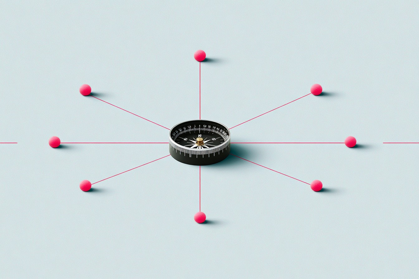 A compass with red lines pointing in multiple directions A compass with red lines pointing in multiple directions