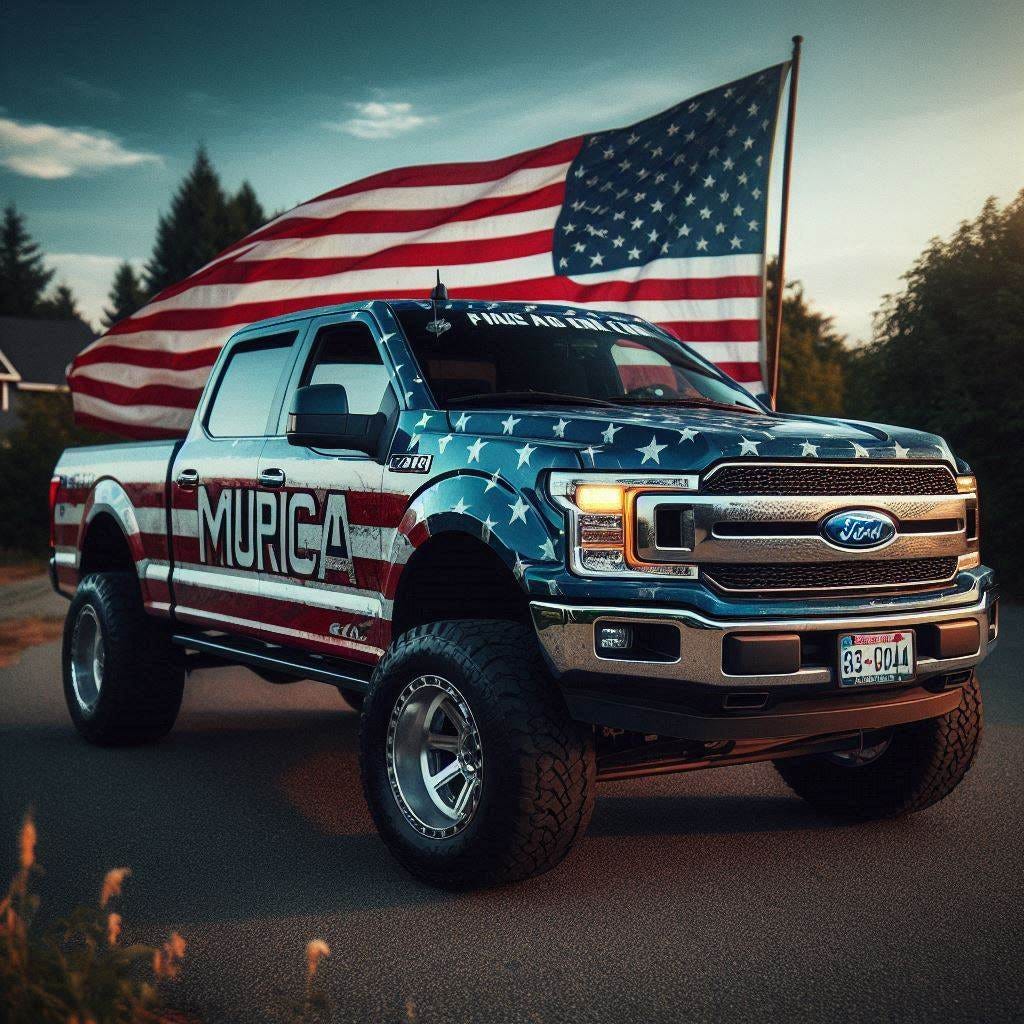 a very "murica" image featuring a full size ford pickup truck and the american flag