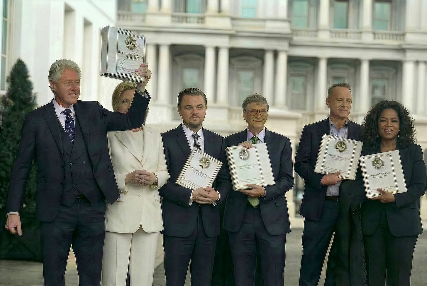 Bill Clinton, Bill Gates, Leonardo DiCaprio, Tom Hanks, and Oprah Winfrey holding white document binders outside the White House, smiling for cameras Bill Clinton, Bill Gates, Leonardo DiCaprio, Tom Hanks, and Oprah Winfrey holding white document binders outside the White House, smiling for cameras