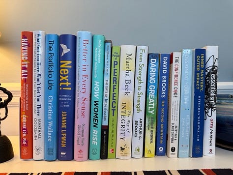 stacks of books on boundaries, equal partnership, parenting, adult learning, women's health, time management, leadership, self-discovery