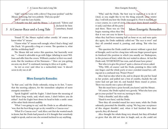 Our sample book showing the running heads in place on a random spread