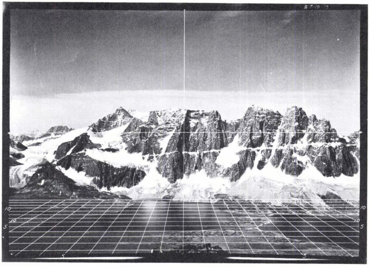 An image taken with a Perspectometer, “a perspective grid used as a guide in sketching horizontal features on the map.” 1924, Public Domain. Found here . An image taken with a Perspectometer, “a perspective grid used as a guide in sketching horizontal features on the map.” 1924, Public Domain. Found here .