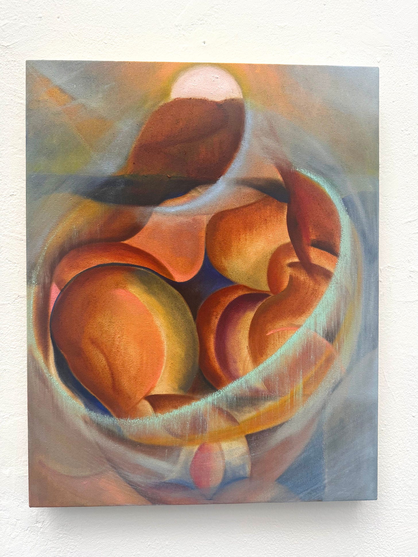 Alex Maceda’s painting fantasy is a place where it rains, an abstract work with warm orange and brown rounded forms, soft blue washes, and a pale moonlike shape. Alex Maceda’s painting fantasy is a place where it rains, an abstract work with warm orange and brown rounded forms, soft blue washes, and a pale moonlike shape.