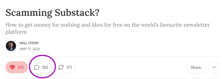 Screenshot of top of Substack post highlighting number of comments.