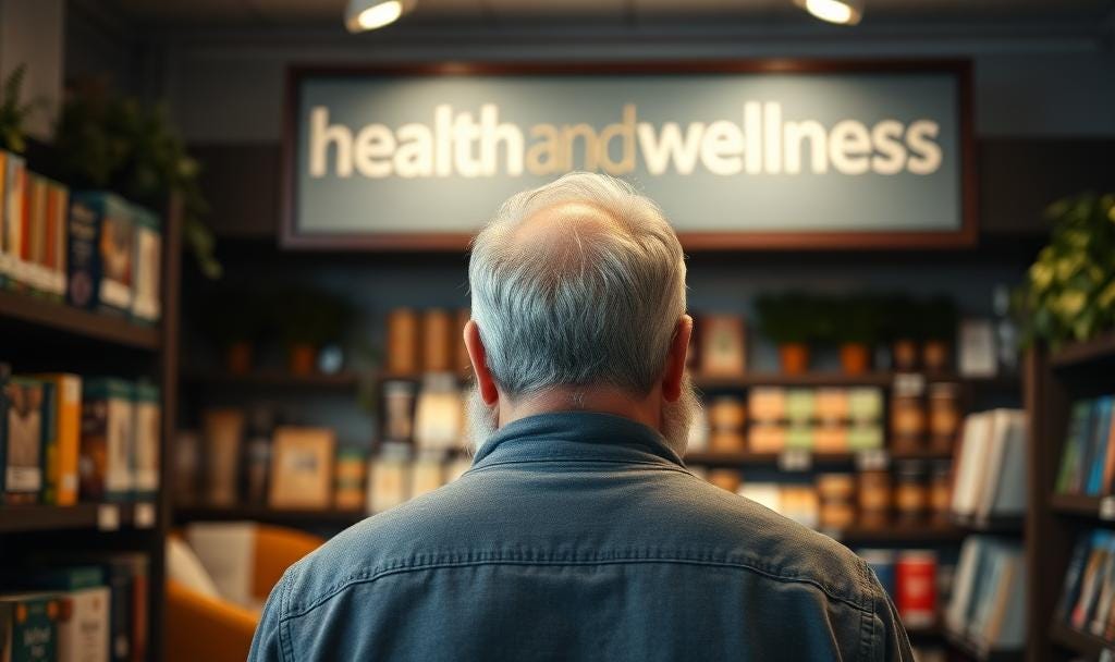 Man seeks support in the health and wellness section of bookstore Neurodivergent Autistic ADHD Late-identified Late-Diagnosed Neurodiversity 