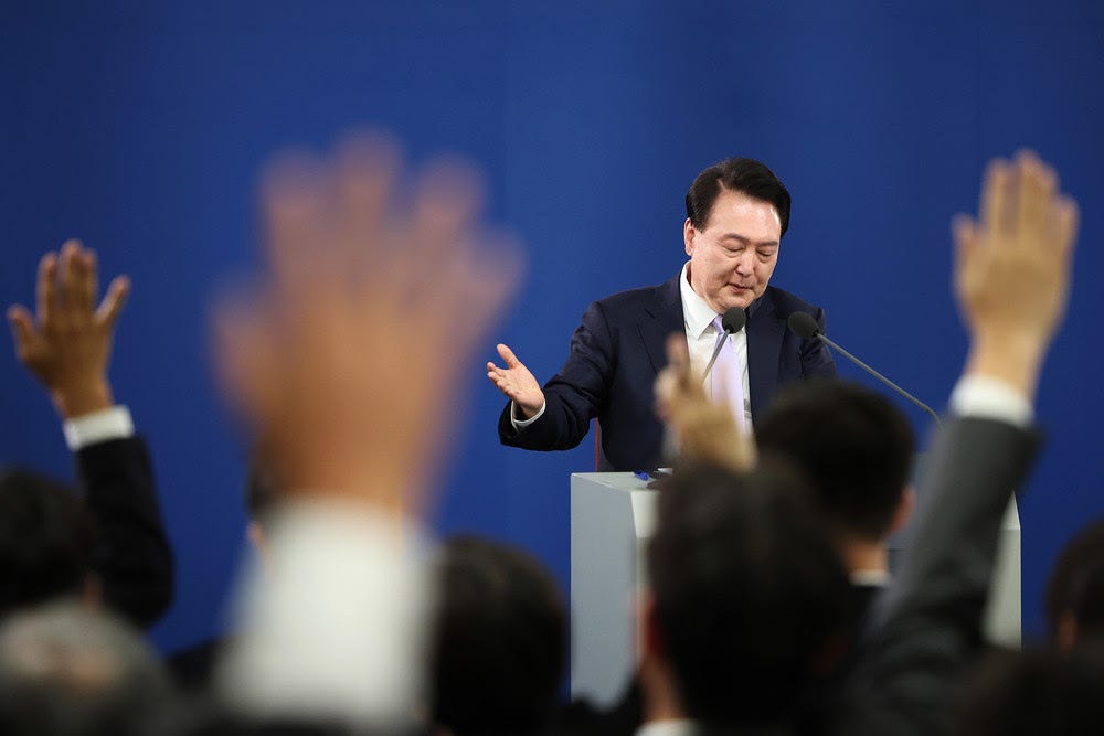 South Korean President Yoon Suk Yeol takes questions during a press conference. 