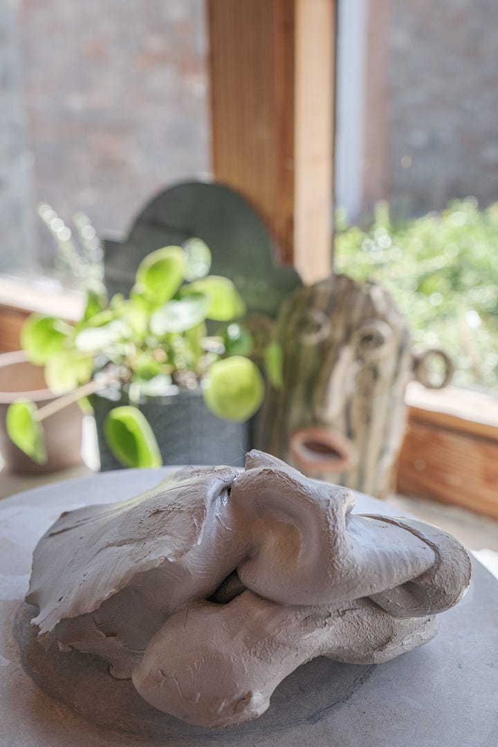 Five images of clay in varying states, ready to use, dried up slip in a pot, on a slab being recycled and curls of leather hard clay from a turned saucer
