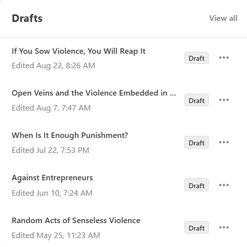A screenshot of my Substack drafts, all but 2 contain the word violence and one of those is about punishment.