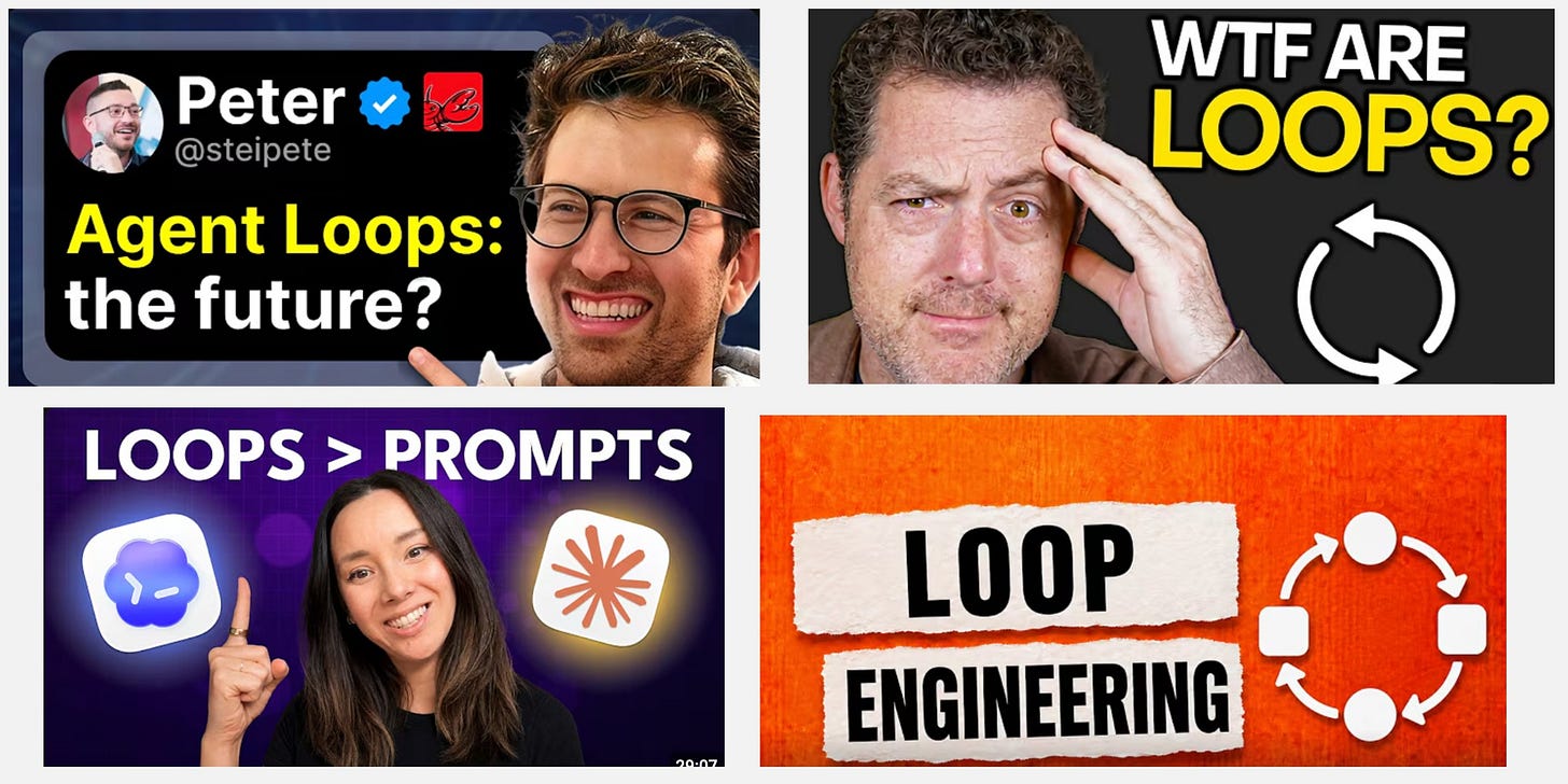 Collage of YouTube thumbnails and posts about agent loops, prompts, and loop engineering