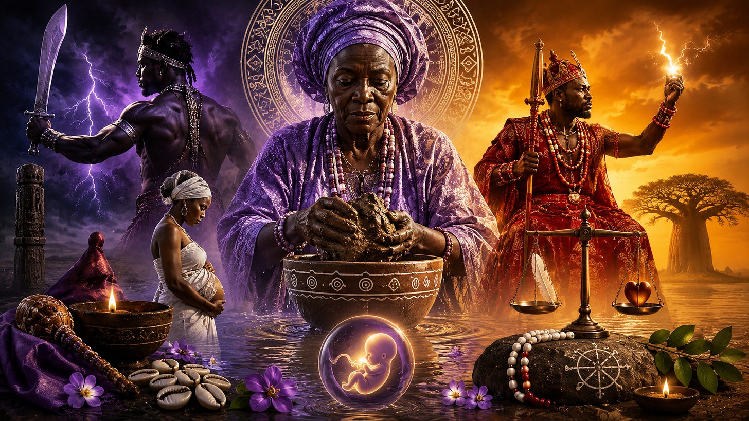An elder woman in purple shapes sacred clay at the center of a symbolic landscape. Around her appear a pregnant woman, a child in the womb, Ògún with his blade, Ṣàngó in red beside the scales of justice, cowrie shells, flowers, and ritual objects, illustrating the universal spiritual order governing life, power, consequence, and responsibility. An elder woman in purple shapes sacred clay at the center of a symbolic landscape. Around her appear a pregnant woman, a child in the womb, Ògún with his blade, Ṣàngó in red beside the scales of justice, cowrie shells, flowers, and ritual objects, illustrating the universal spiritual order governing life, power, consequence, and responsibility.