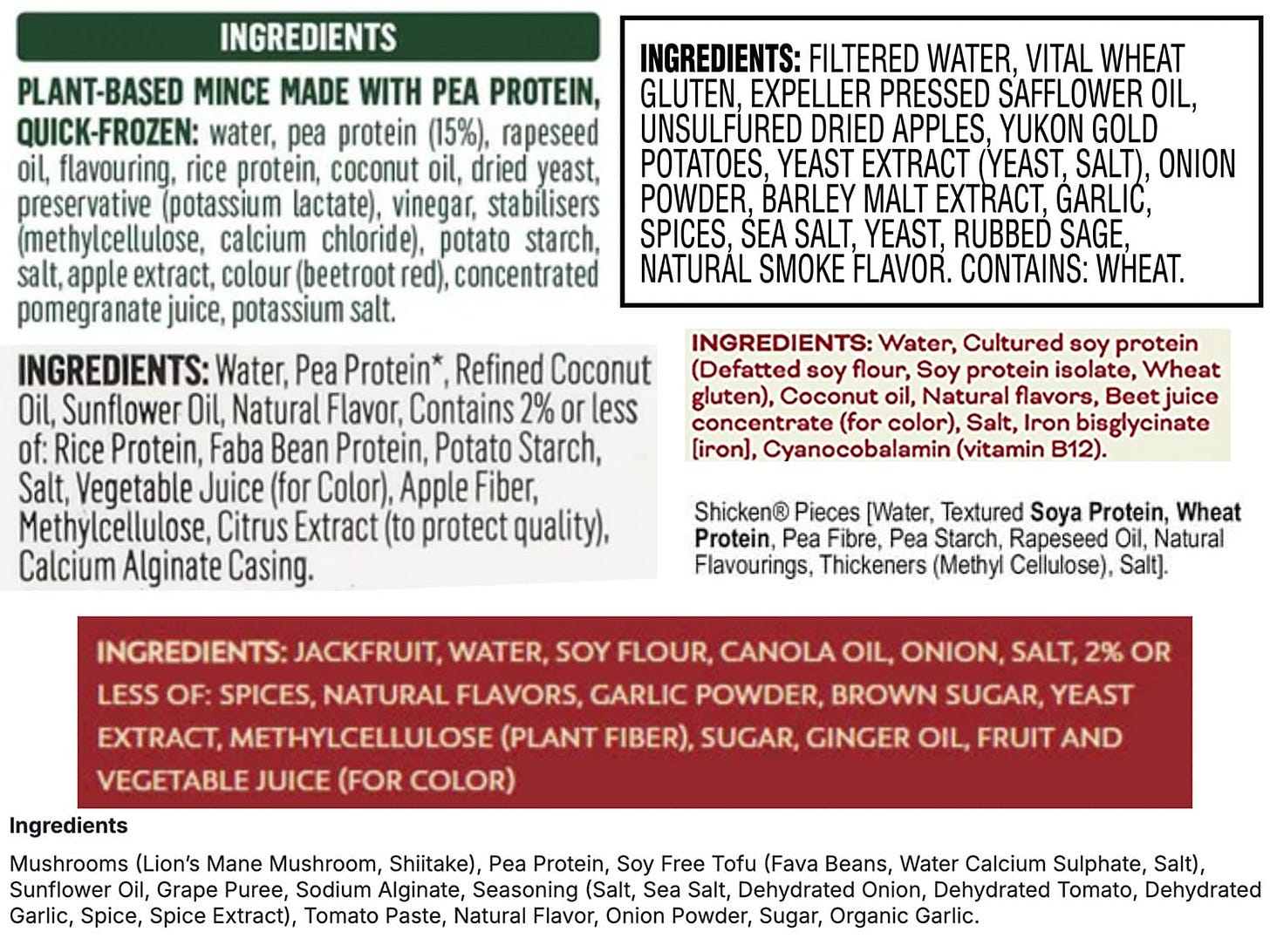 A selection of ingredient panels from plant-based meats, clearly identifying them as ultra-processed foods.
