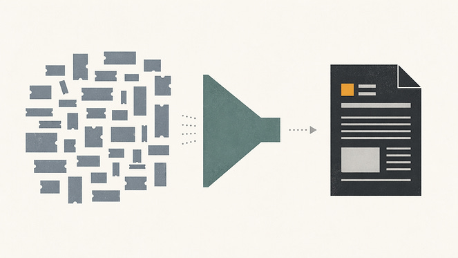 A collection of tickets get filtered and coalesce into a document