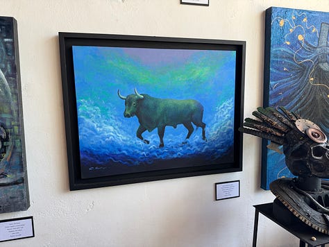 A selection of paintings and mixed media art.