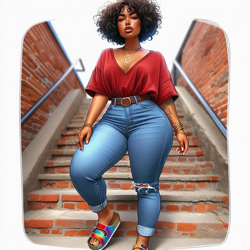 A confident Black woman with curly hair stands on a brick stairway, wearing a deep red V-neck top tucked into high-waisted ripped jeans with a brown belt. She accessorizes with layered gold jewelry and rainbow platform sandals, exuding strength and ease.