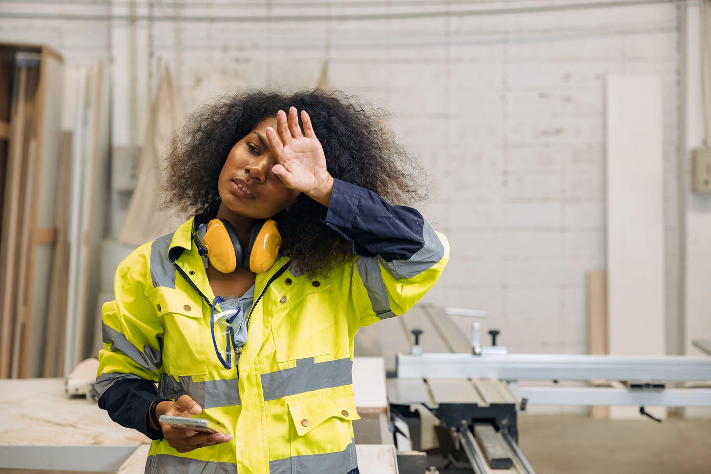 Tired women factory worker. sweat exhausted engineer woman. fatigued hard work black african female labor staff working. hot workplace