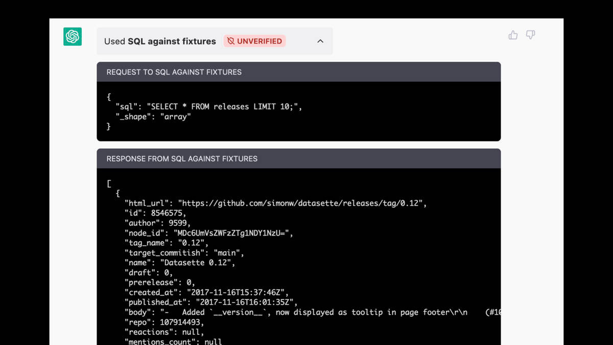 Expanding the panel shows "sql": "SELECT * FROM releases LIMIT 10;",

RESPONSE FROM SQL AGAINST FIXTURES

This looks correct, it's details of the datasette 0.12 tagged release