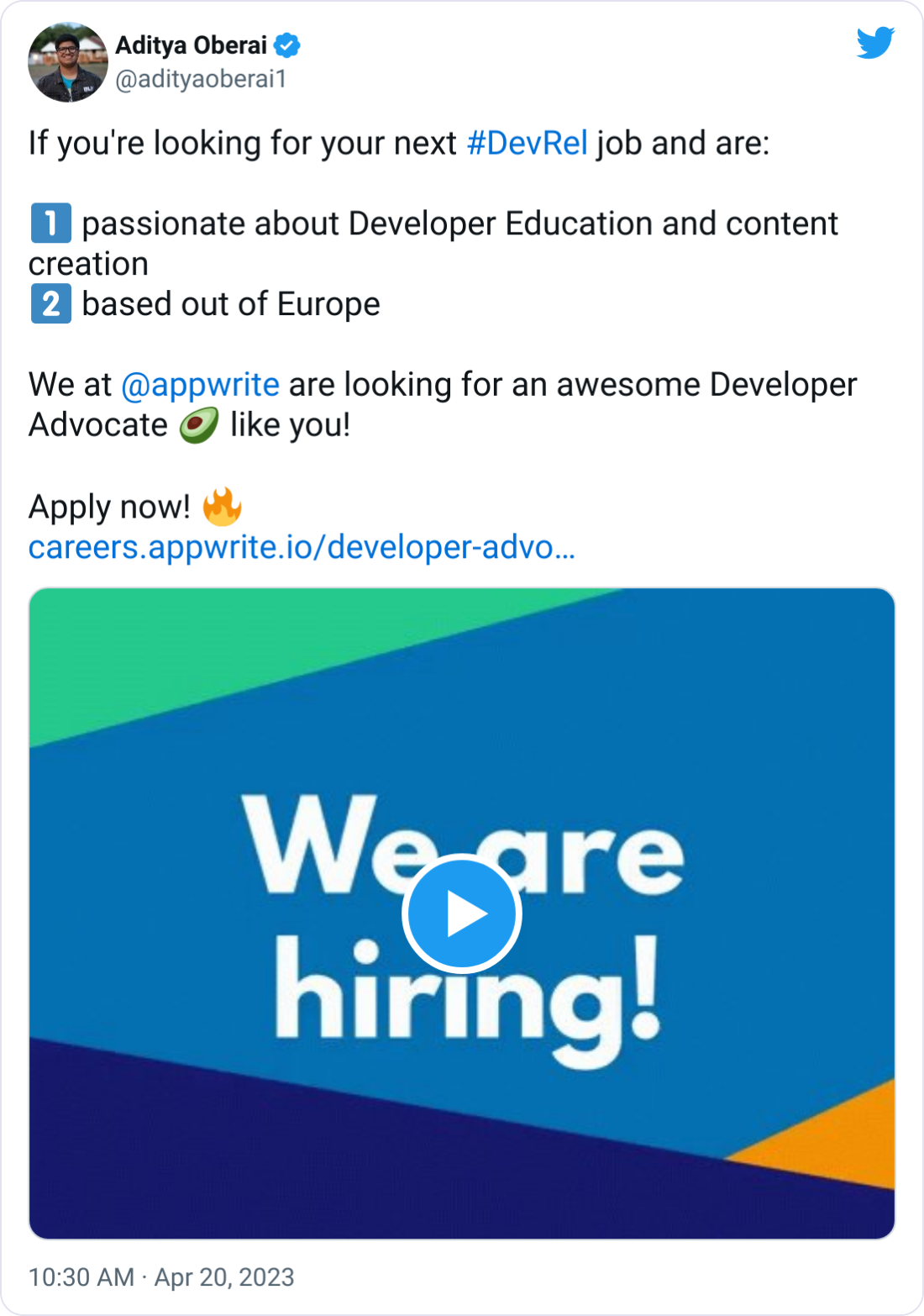 Aditya Oberai @adityaoberai1 If you're looking for your next #DevRel job and are: 1️⃣ passionate about Developer Education and content creation 2️⃣ based out of Europe We at @appwrite are looking for an awesome Developer Advocate 🥑 like you! Apply now! 🔥 https://careers.appwrite.io/developer-advocate-youtube-developer-education-focused-europe Aditya Oberai @adityaoberai1 If you're looking for your next #DevRel job and are: 1️⃣ passionate about Developer Education and content creation 2️⃣ based out of Europe We at @appwrite are looking for an awesome Developer Advocate 🥑 like you! Apply now! 🔥 https://careers.appwrite.io/developer-advocate-youtube-developer-education-focused-europe