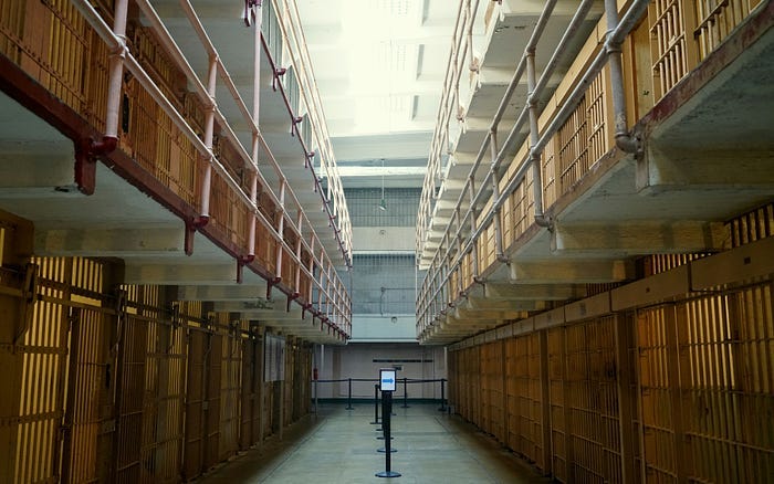A prison cell block with two levels. A prison cell block with two levels.