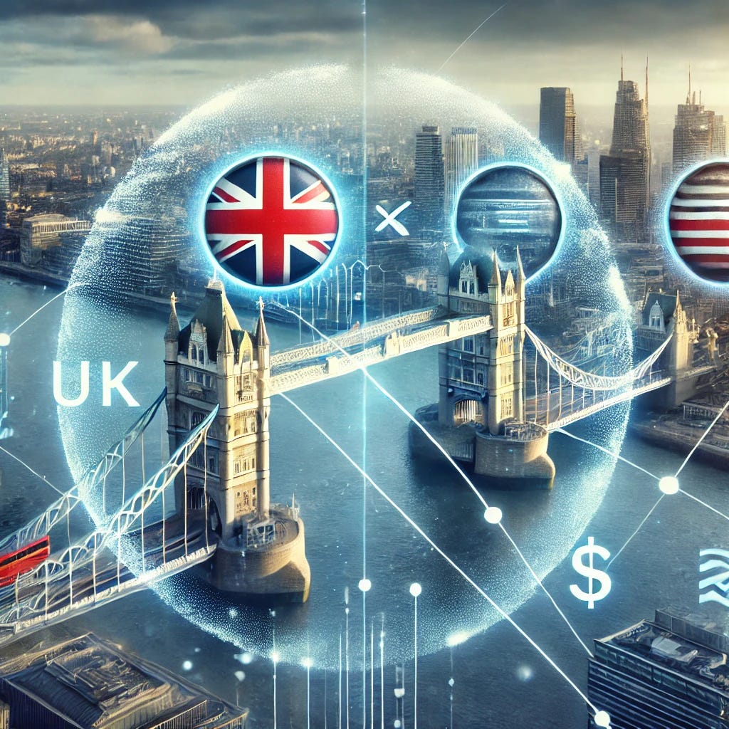 A visual representation of two bridges connecting the UK and the USA with banking symbols, symbolizing the expansion of UK digital banks into the US market. The image should have a financial and global business theme.