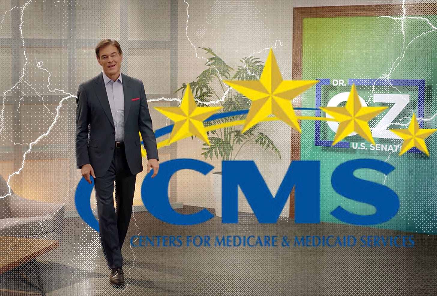 Dr Oz standing on the set of one of his 2022 senate race commercials in front of a potted plant and a screen that reads Dr Oz US Senate. Superimposed on the image is the CMS 5 star logo and a bitmap image of lightning.