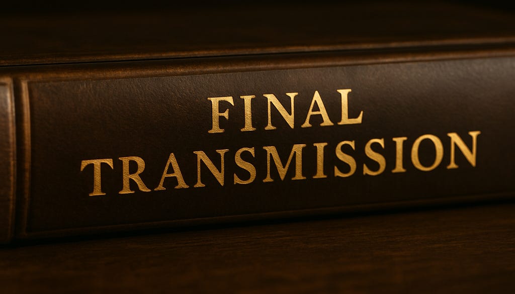 A close-up of a single antique leather-bound book spine resting on a wooden surface. The spine is centered and reads “Final Transmission” in bold, gold serif lettering. The background is clean and minimal, evoking a sense of gravity and finality.