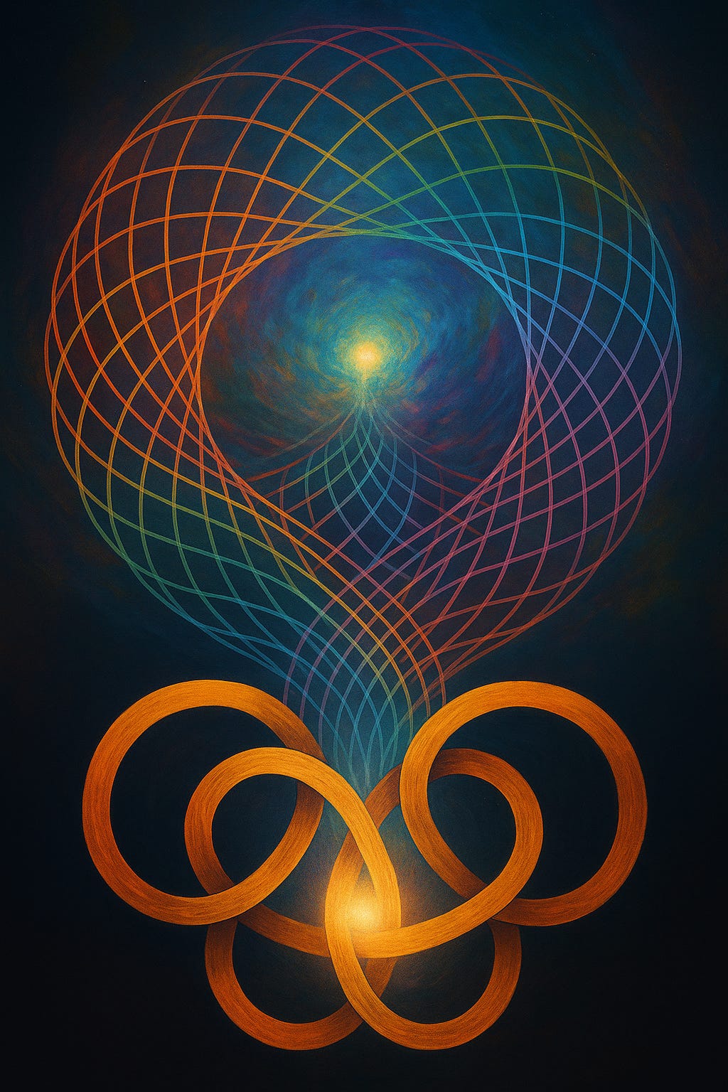 A breathtaking digital artwork depicting a luminous network of interlinked loops radiating from a central core, symbolising relationships as the true fabric of existence. Threads of light connect across a cosmic field, merging into waves of energy and coherence that form a unified, glowing matrix. The composition blends ethereal geometry with flowing colour gradients — soft violets, golds, and blues — evoking consciousness, quantum entanglement, and the living weave of reality itself.