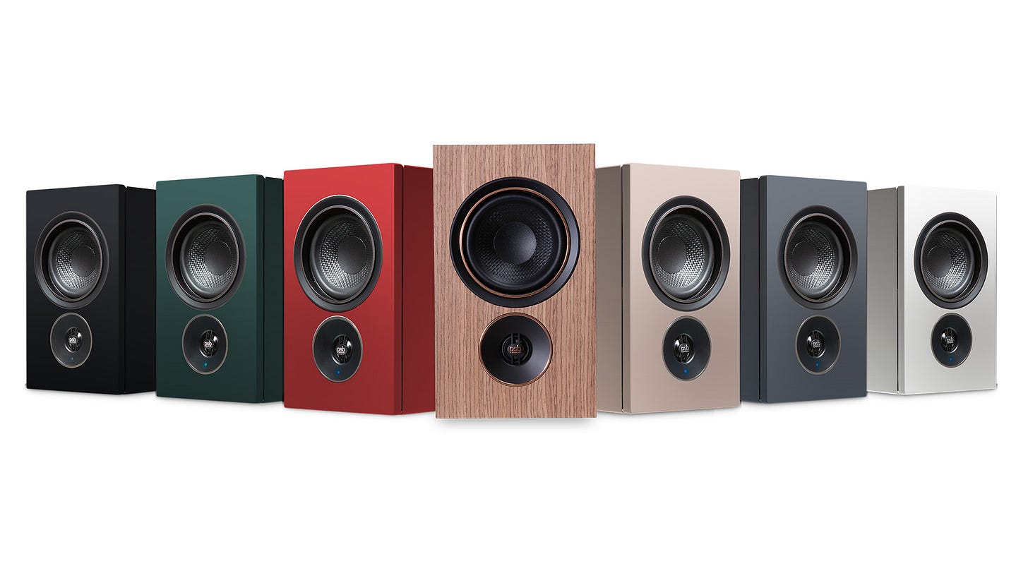 The PSB iQ2 speaker seen in 7 different colors.