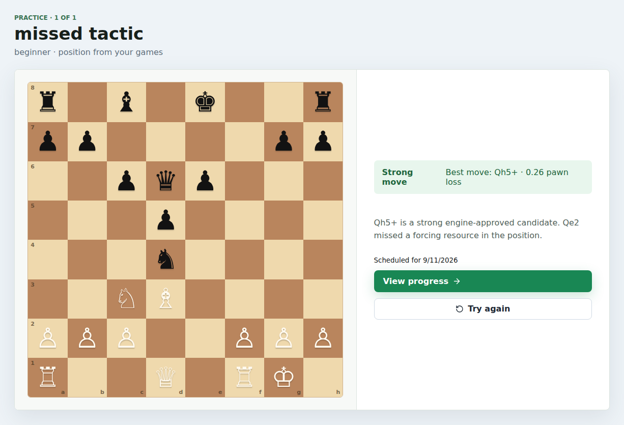Chess Coach practice screen showing a chess position, an engine-approved move, and the next scheduled review date