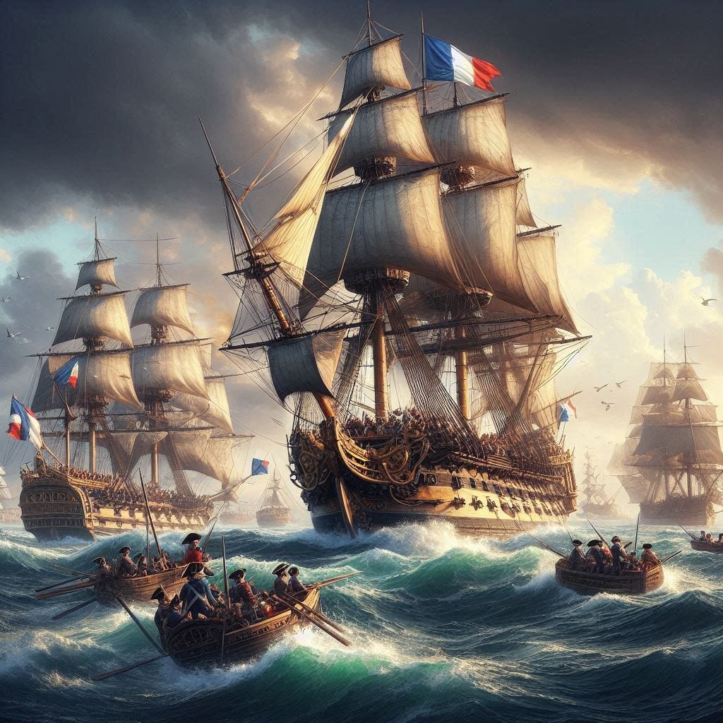 french ships fighting against the british in 1778 photorealistic