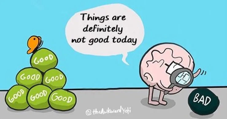 On the left, an orange butterfly sits on 6 balls with "good" written on them, and on the right a character holds a magnifying glass to one black ball with the word "bad" written on it. This character says "things are definitely not good today."