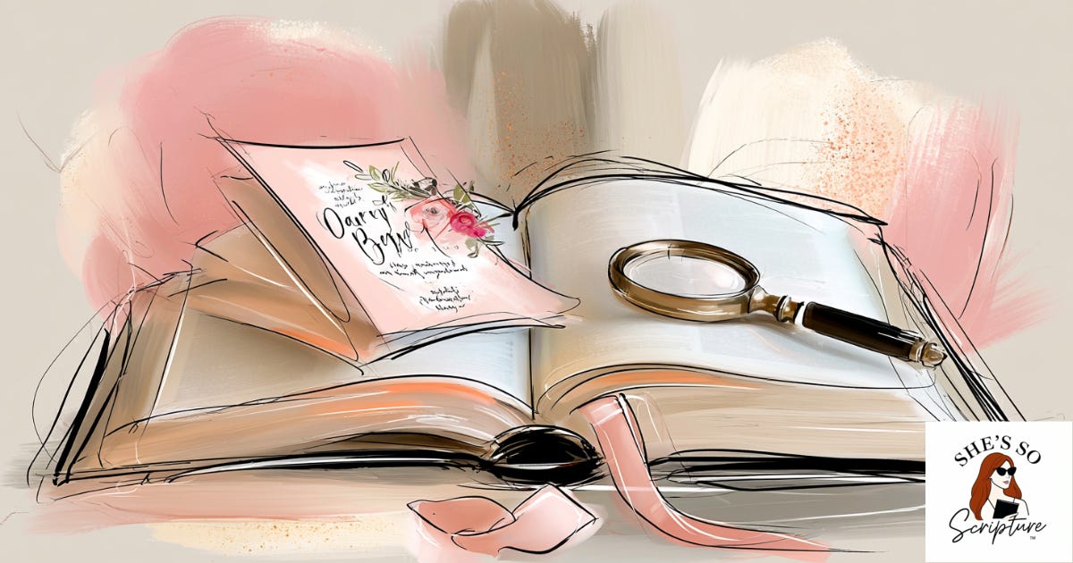 Whimsical watercolor illustration of an open Bible with a wedding invitation and a small magnifying glass, thread, and pen nearby, in blush pink and cream tones.