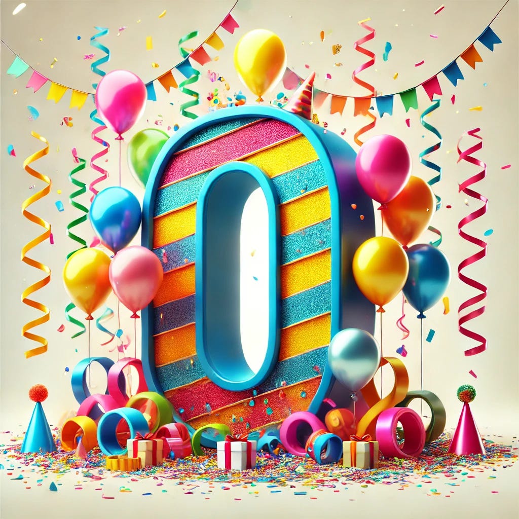 A large, colorful number 0 decorated with festive party streamers, balloons, and confetti. The number is bold and stands in the center of the image with vibrant, celebratory colors. Party streamers and balloons of various colors surround it, with confetti scattered all around to create a fun, festive atmosphere. The background is light and bright to enhance the celebration feel.