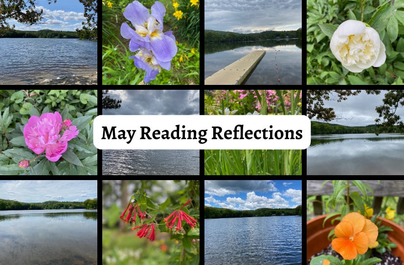 A grid of photos of flowers and Ashfield Lake, with the text '‘May Reading Reflections’ in the center.