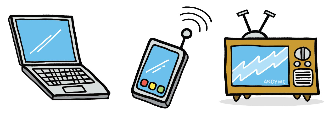 A cartoon illustration of a laptop, mobile phone, and retro television.