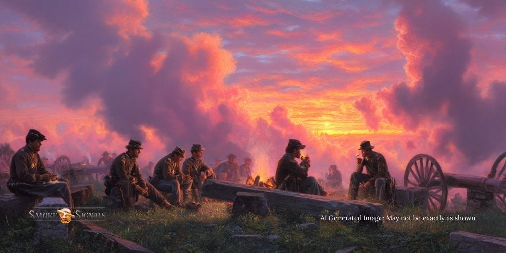 Civil War soldiers lighting cigars after battle, reflecting among graves and cannons. Civil War soldiers lighting cigars after battle, reflecting among graves and cannons.