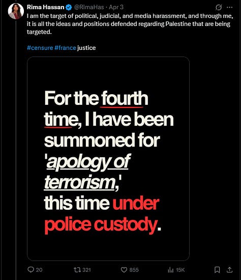 Series of Tweets by Rima Hassan following her arrest