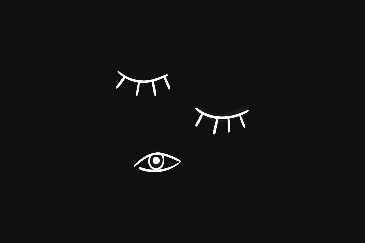 Title card featuring three hand-drawn eyes, two closed and one open, in a vertical arrangement on a deep charcoal background, representing the literary cartoon “Proust’s Feed.” Part of the Drawing Conclusions series at The Subtext Review.