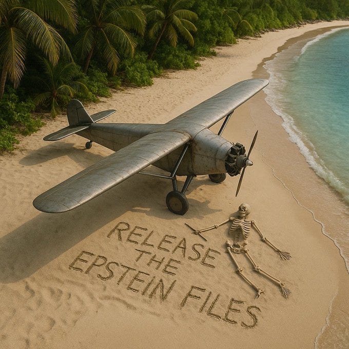 A vintage seaplane on a sandy tropical beach with palm trees and turquoise water. A skeleton lies on the sand near the plane, holding a sword. The words "RELEASE THE EPSTEIN FILES" are written in the sand.