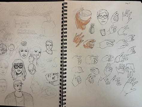 Images with overlapping rough sketch drawings of faces, people, hands, and dog