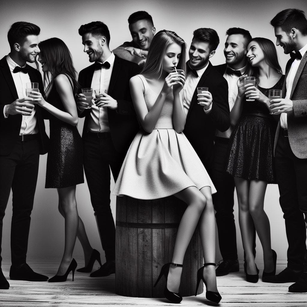 crea una imagen de una fiesta en blanco y negro, donde un grupo de amigos está formado por parejas pero hay una muchacha sola