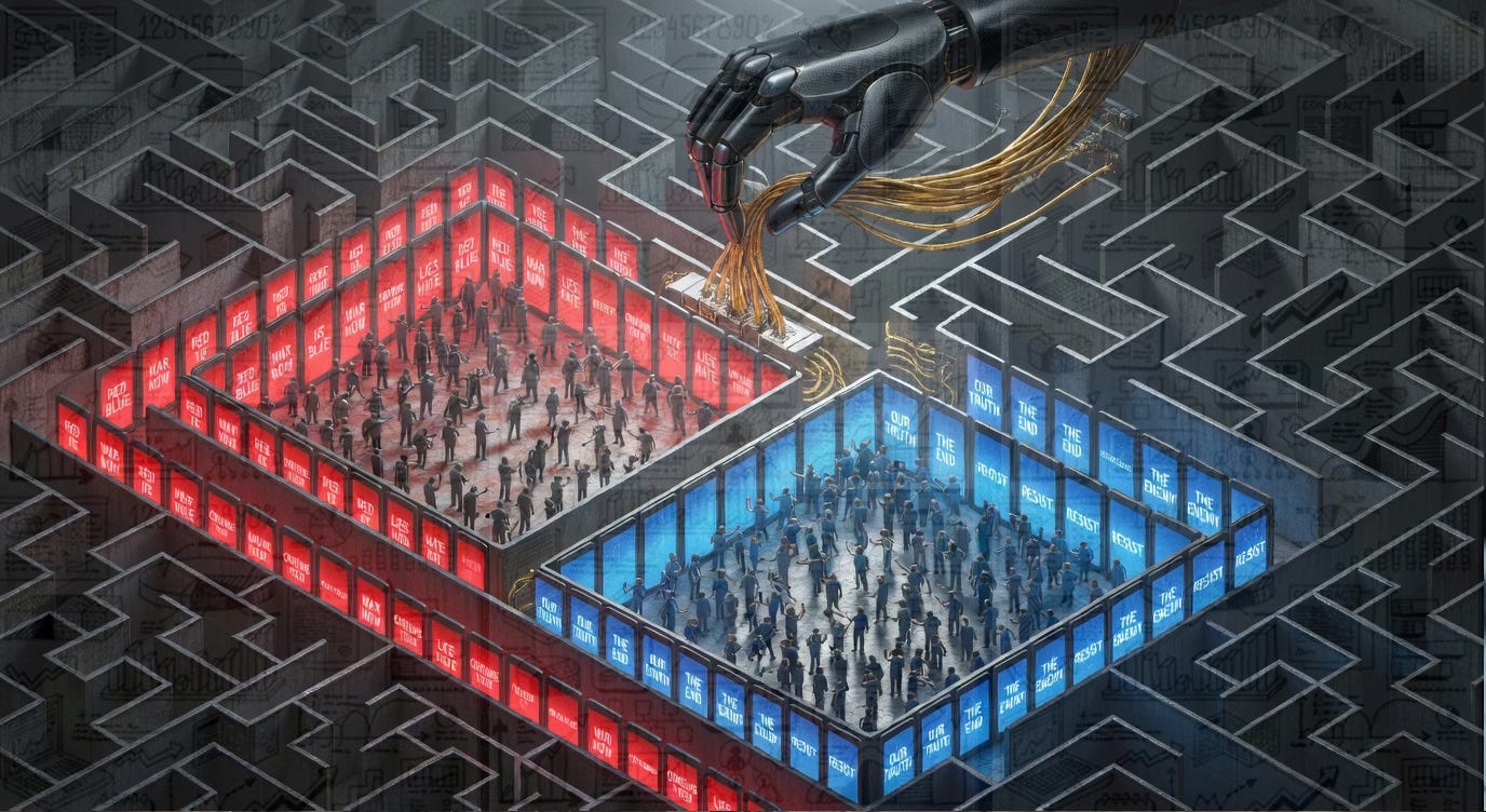 An isometric, top-down view of an expansive digital labyrinth. Users are segregated into glowing red and blue pens, locked in ideological conflict, while a giant, sleek mechanical hand operates the structure from above. This represents 'Binary Enclosure'—the use of horizontal polarization to protect vertical empire-building. An isometric, top-down view of an expansive digital labyrinth. Users are segregated into glowing red and blue pens, locked in ideological conflict, while a giant, sleek mechanical hand operates the structure from above. This represents 'Binary Enclosure'—the use of horizontal polarization to protect vertical empire-building.