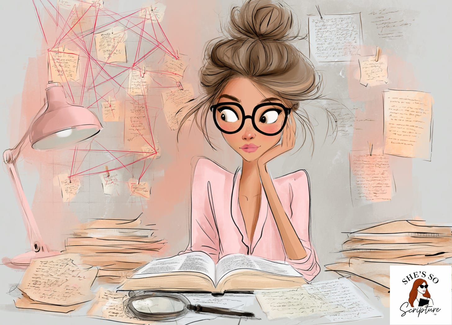 Illustrated woman in a trench coat examining an ancient scroll at a candlelit desk surrounded by parchment case files and a soft evidence board, blush pink and cream watercolor style Illustrated woman in a trench coat examining an ancient scroll at a candlelit desk surrounded by parchment case files and a soft evidence board, blush pink and cream watercolor style