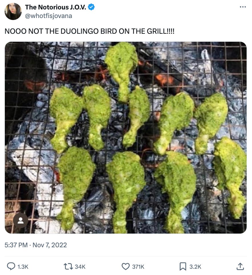 Tweet with an image of green chicken being grilled and someone saying "NOOO NOT THE DUOLINGO BIRD"
